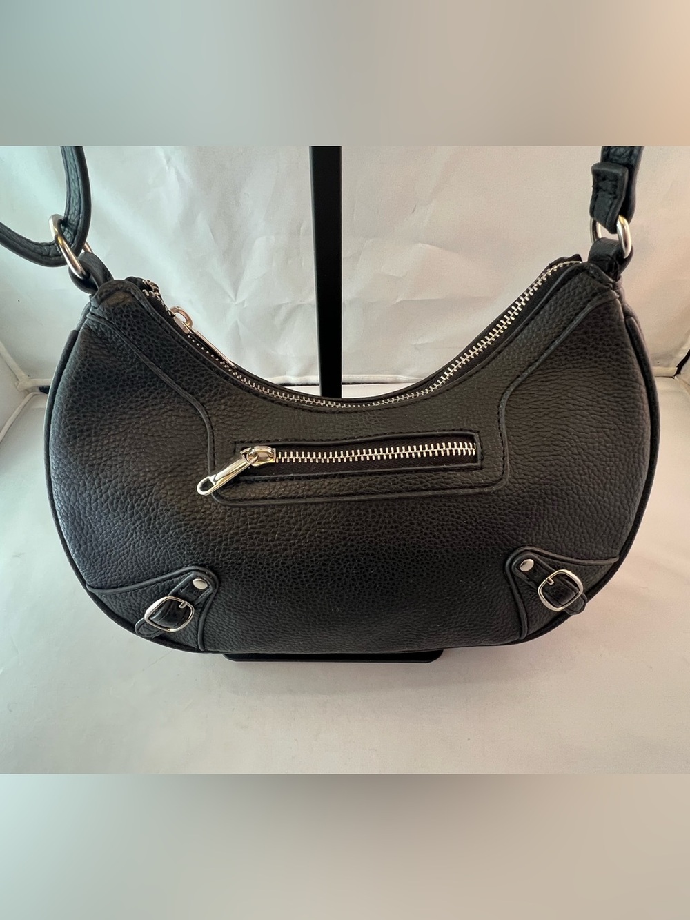Wild Fabke Black Pebbled Crescent Shoulder Bag with Silver Accents